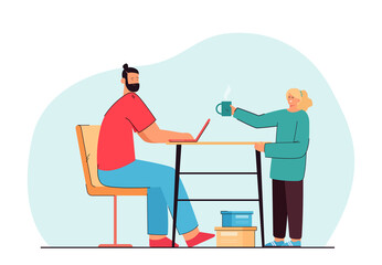 Daughter giving coffee to father working on laptop. Cute girl with cup of hot drink, man sitting at desk flat vector illustration. Family, love, care, remote work concept for banner, landing web page