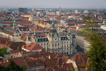 Fototapeta na wymiar Panoramic view of the city with the Renaissance-style Town Hall in the center from the Schlossberg park hill, Graz, Austria