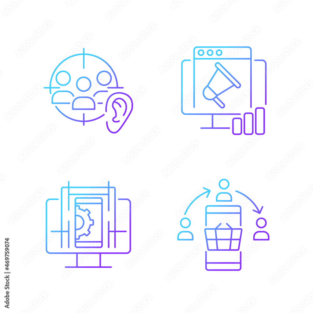 Aufkleber gaining digital proficiency gradient linear vector icons set. active listening. researching info onl