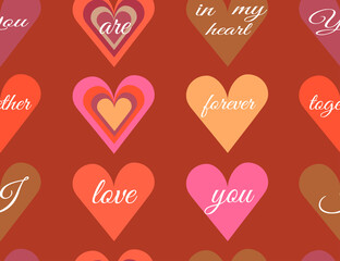 Seamless background of multicolored hearts and romantic inscriptions. Festive banner for Valentine's Day, wedding, birthday. Vector illustration for wrapping paper, banners, decoration.
