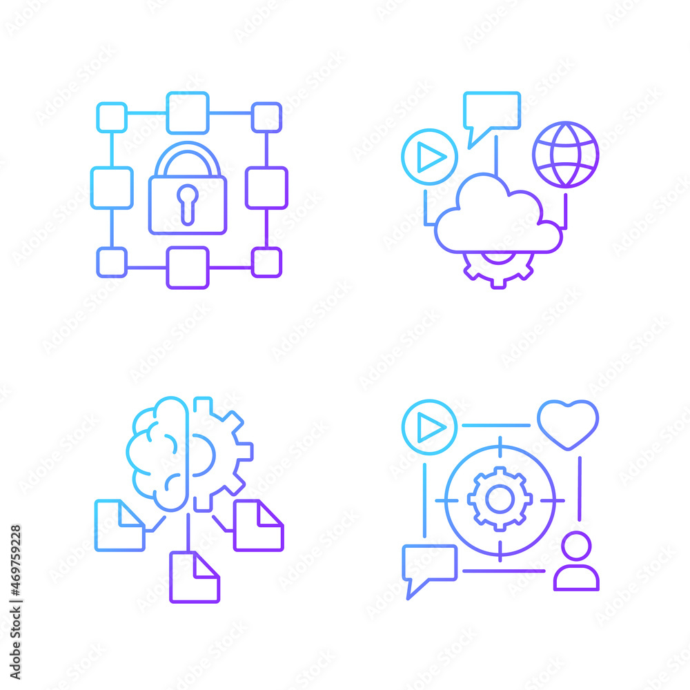 Poster digital inclusion gradient linear vector icons set. cloud computing. machine learning. encrypted dat