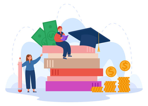 Tiny Student With Scholarship Sitting On Books. Student Loans, Paying School, College Or University Fees Flat Vector Illustration. Education, Finances, Economy Concept For Banner For Banner