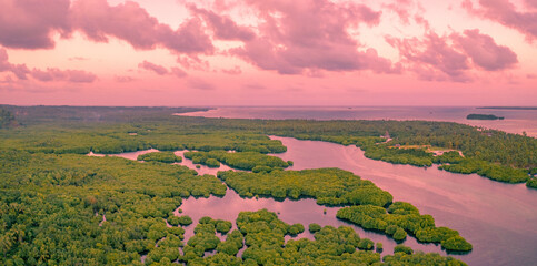 Aerial shot a Colorful sunset deep in the Amazon river with Rainforest in Peru. Hi Res panorama.