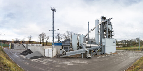 Asphalt production factory near town Prague in Czechia.
Equipment for production of asphalt, cement and concrete. Concrete plant