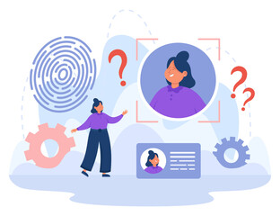 Tiny female office worker with ID card and fingerprint. Unique employee badge or pass, biometric authentication flat vector illustration. Identity, safety concept for banner or landing web page