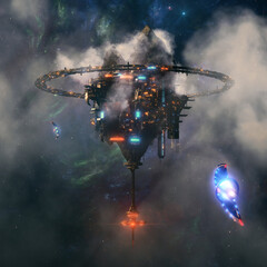 Digital illustration of futuristic sci-fi city buildings and space ships with abstract landscape structure. 3d render.