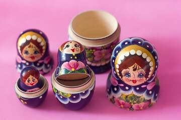 Matryoshka set of wooden toys in Russian national style, traditional souvenir from Russia, selective focus	