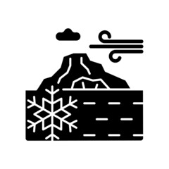 Perennial ice black glyph icon. Ice and snow layers covering ground. Multi-year polar glaciers. Arctic sea regions. Cold climate. Silhouette symbol on white space. Vector isolated illustration