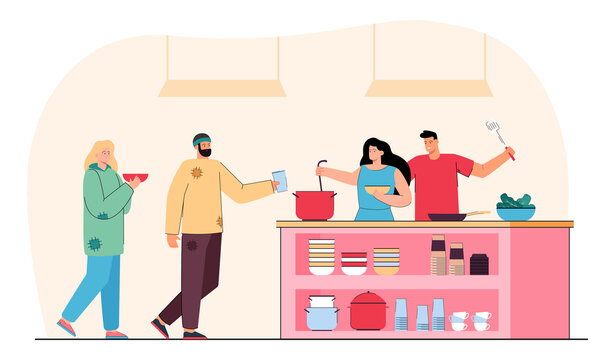 Volunteers serving food in night shelter for homeless people. Man and woman pouring warm meal for poor beggars in refectory flat vector illustration. Almshouse, emergency, home for bums concept