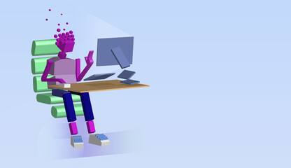 Low polygonal 3d office worker behind the desktop using a computer. Vector character made of cubes and simple shapes. Vaporwave, early 1980's retro CGI concept.