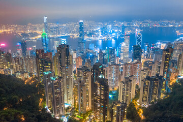 Fototapeta na wymiar Aerial shot a Victoria Harbor of Hong Kong at night time.
