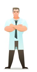 Optimistic doctor in dressing gown. Cheerful persons in standing pose. Cartoon comic style flat design. Separate character. Illustration isolated on white background. Vector