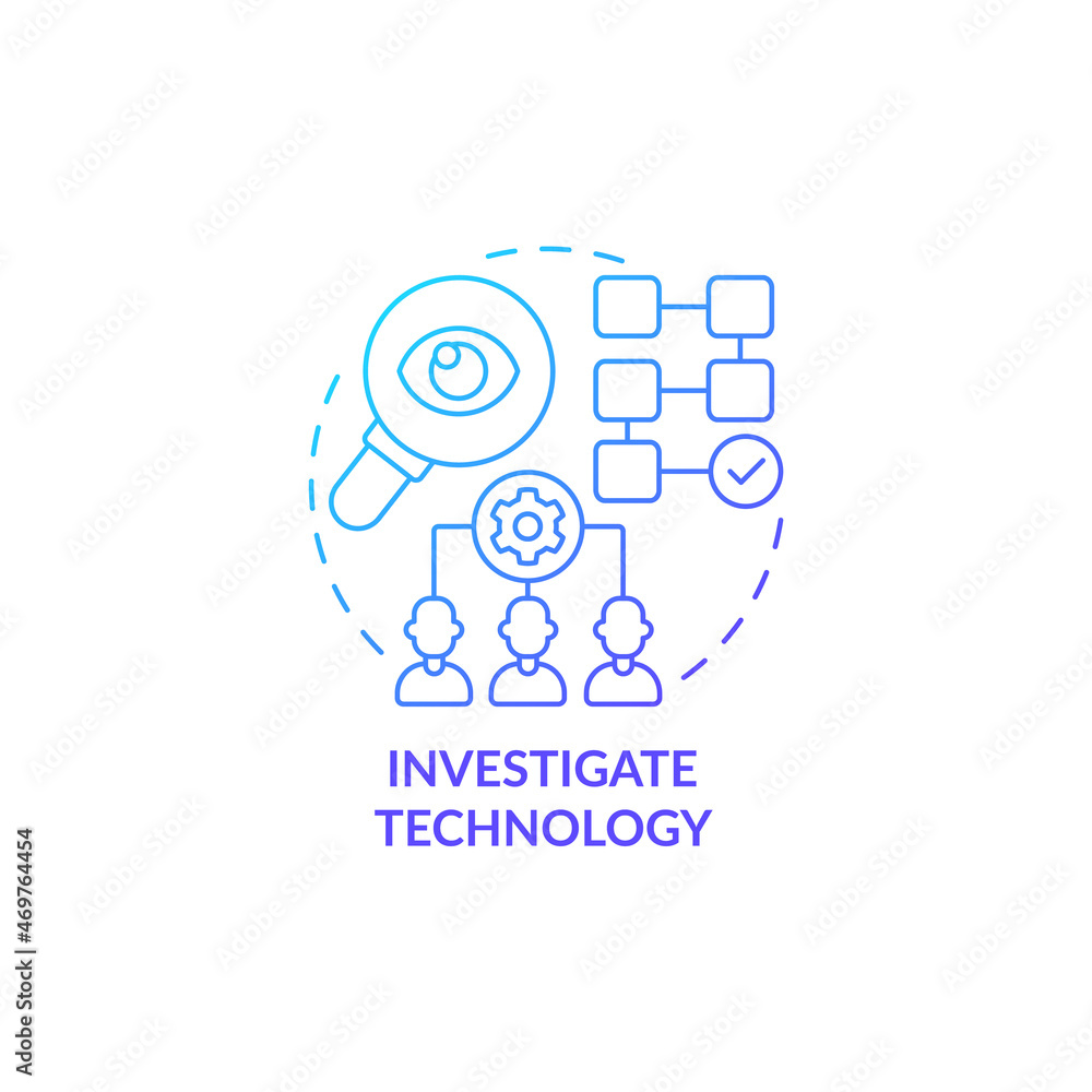 Poster research technology concept icon. identify and examine problem. data gathering and analysis. innovat