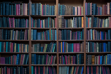 Bookshelf background. Front view old books inside the library