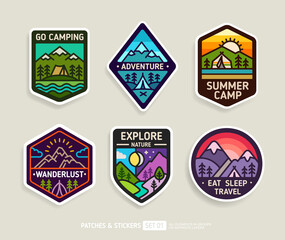Fototapeta Summer Camp and Discover Travel badge or camping patch and sticker design. Hiking and climbing emblem set. Mountains and camping tent in a pine forest. Vector illustration	 obraz