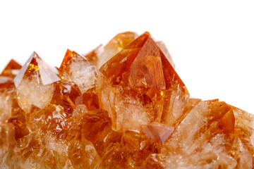 Macro mineral stone Citrine in rock in crystals on a white background