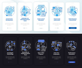 Tech execution steps onboarding mobile app page screen. Integration walkthrough 5 steps graphic instructions with concepts. UI, UX, GUI vector template with linear night and day mode illustrations