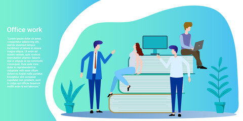 Office work.People in the office are doing work.Business management concept.Poster in business style.Flat vector illustration.