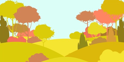 Obraz na płótnie Canvas Silhouette autumn landscape. Beautiful scenic plant. Leaves. Cartoon style. Hills with grass and trees. Cool romantic pretty. Flat design background illustration. Vector art