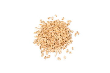 Pile of oat flakes isolated on white background. Healthy food. Top view.