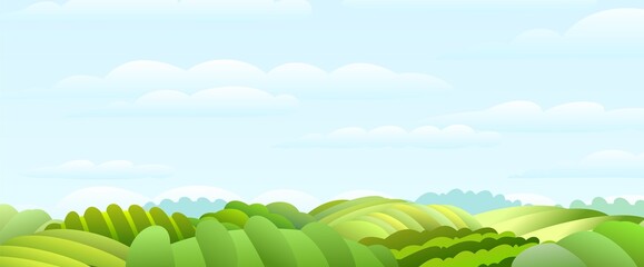 Rural vegetables and grassy hills. Farm cute landscape. Funny cartoon design illustration. Summer pretty sky. Flat style. Soft weather. Vector.
