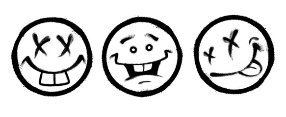 Three graffiti emoticons. Smiling face painted spray paint. Vector illustration on white background