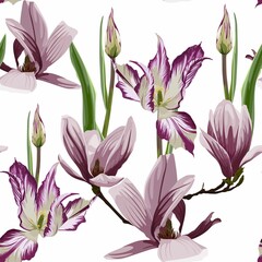 Seamless floral pattern with pink violet tropical magnolia and tulips flowers with leaves on white background. Template design for textiles, interior, clothes, wallpaper. Botanical art. 