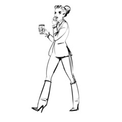 Walking and talking on the phone with a coffee to go, woman in dress suit and high boots. 