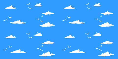 Vector seamless pattern of white clouds and seagulls. Cartoon flat style clouds isolated on blue sky. Cloudscape in blue sky, white cloud illustration.