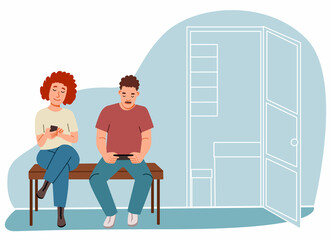 queue. people are sitting in line on a bench in the office. vector illustration in a flat style