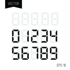 Digital price tag or numbers vector template for shop or supermarket. Store price label for retail display or sale. Vector set of electronic numbesr for LCD calculator digits.