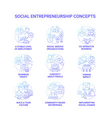 Fototapeta na wymiar Social entrepreneurship blue gradient concept icons set. Social organizations idea thin line color illustrations. Business development. Charity and support. Vector isolated outline drawings