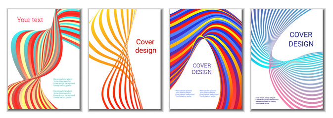 A set of 4 abstract covers. Wavy parallel gradient lines, ribbons evolve. Cover design, background. Trendy banner, poster.