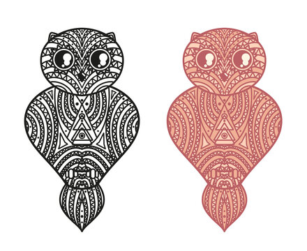 Owl on white. Detailed hand drawn line bird with abstract patterns. Freehand drawing. Different color options