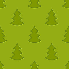 Christmas Light Green Seamless Pattern with Fir Trees. Paper Cut Effect. Vector Illustration.