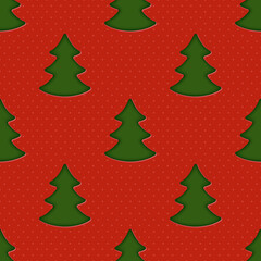 Christmas Seamless Pattern with Green Fir Trees on Red Background. Paper Cut Effect. Vector Illustration.