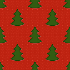 Christmas Seamless Pattern with Green Fir Trees on Red Background. Paper Cut Effect. Vector Illustration.