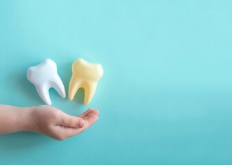 Child's hands on the palms of large teeth dummies. Baby teeth care concept for pediatric dentistry. Place for your text.