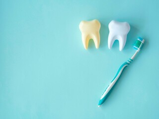 Two large teeth and a toothbrush on a blue background. Dentistry concept.