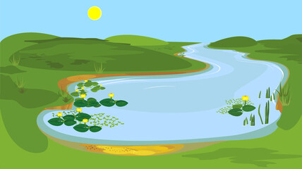 Cartoon summer landscape with lake, blue sky and green banks