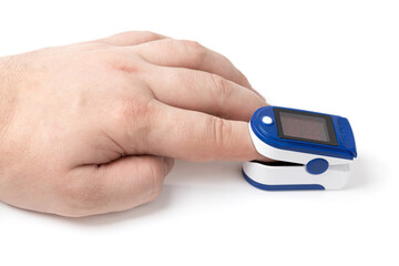 Pulse oximeter on white background.Medical diagnostic device for non-invasive measurement of capillary blood oxygen saturation level. Medical device on the finger.