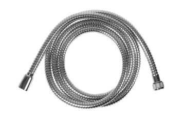 Shower hose on a white background. Silver shower hose close-up.