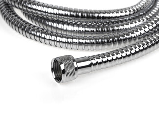 Shower hose on a white background. Silver shower hose close-up.