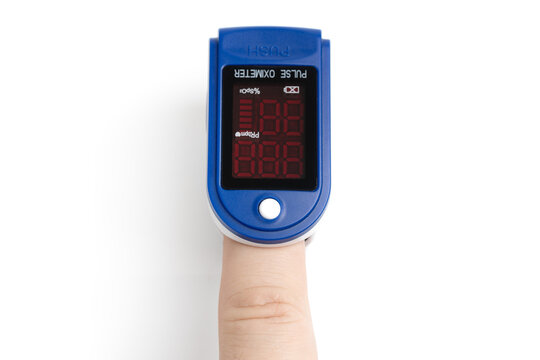 Pulse oximeter on white background.Medical diagnostic device for non-invasive measurement of capillary blood oxygen saturation level. Medical device on the finger.