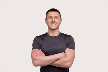 Sportsman Hands Crossed Smiling. Healthy Life, Medical protection, Sports Concept