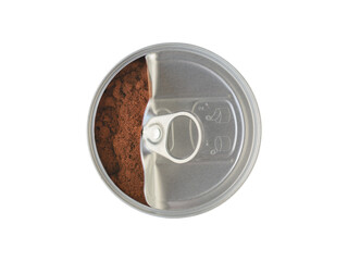 Open metal jar filled with ground coffee. Isolated on a white background, top view