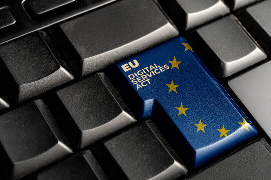 Digital services act (DSA) concept: enter key with europe flag and the text Digital Services Act