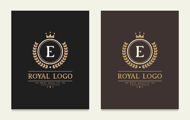 Graceful letter E luxury royal style crown logo. Elegant emblem and round shape. The vintage symbol for book design, brand name, business card, restaurant, boutique, hotel, cafe, identity, badge