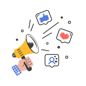 Human hand holding loudspeaker. Megaphone with Social media icons. Concept of adding subscribers, likes, message, attract attention. Template for ads, advertising. Vector. Flat cartoon style.