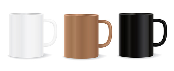 Ceramic Mugs Vector Mockup With White, Black and Brown Colors. Blank coffee cup templates for design.
